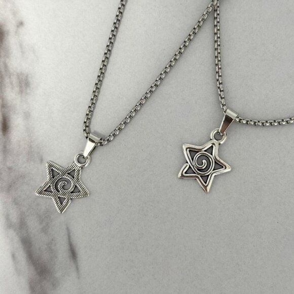 American Vintage Jewelry - Sku:0333 Silver chain necklace silver double-sided pendant star stainless steel